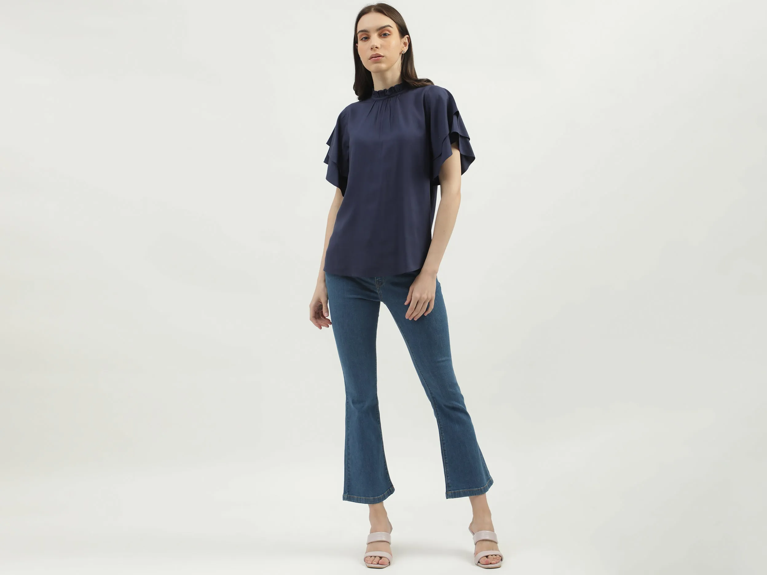 Women's Regular Fit Ruffled Neck Solid Tops