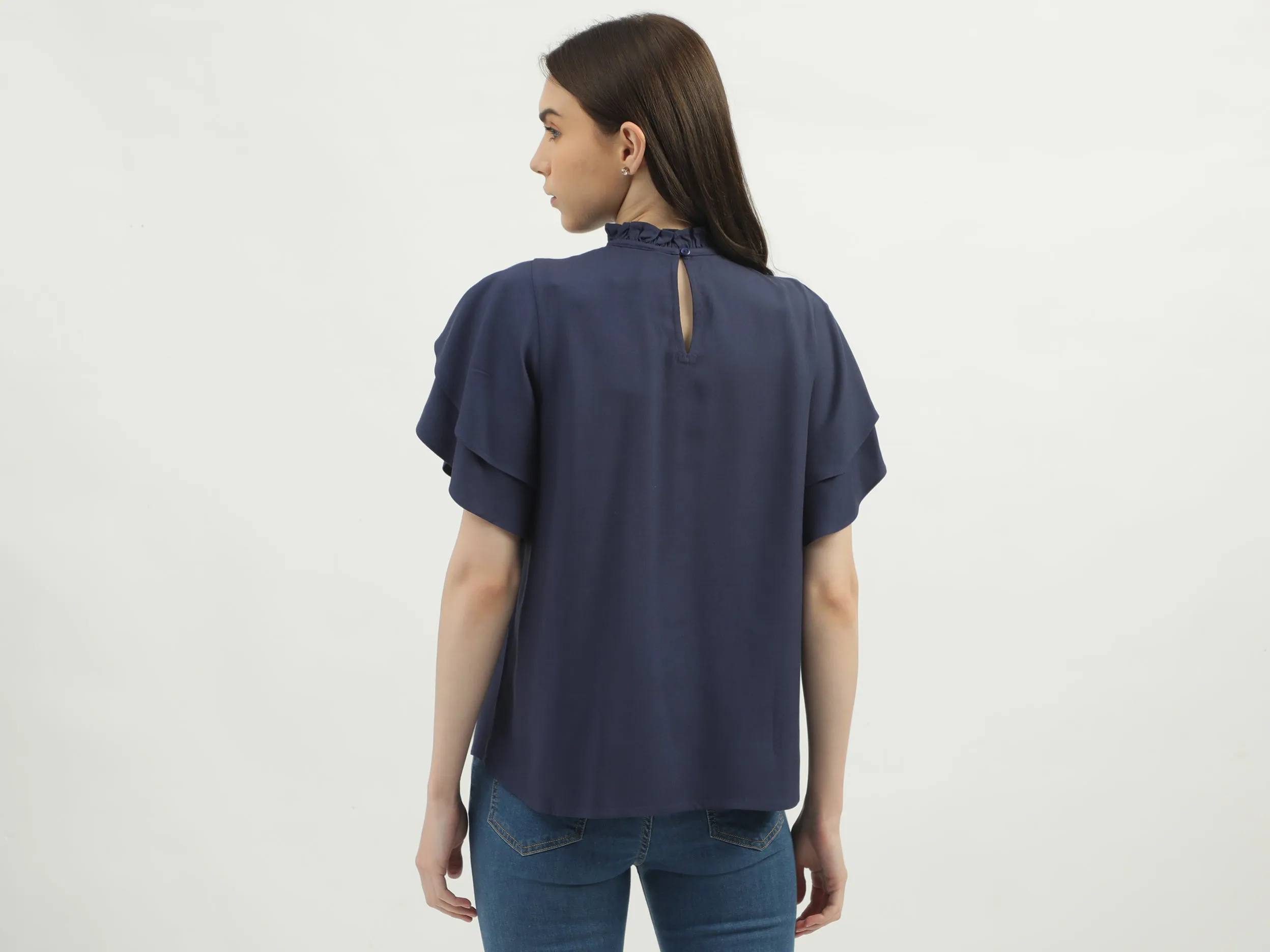 Women's Regular Fit Ruffled Neck Solid Tops