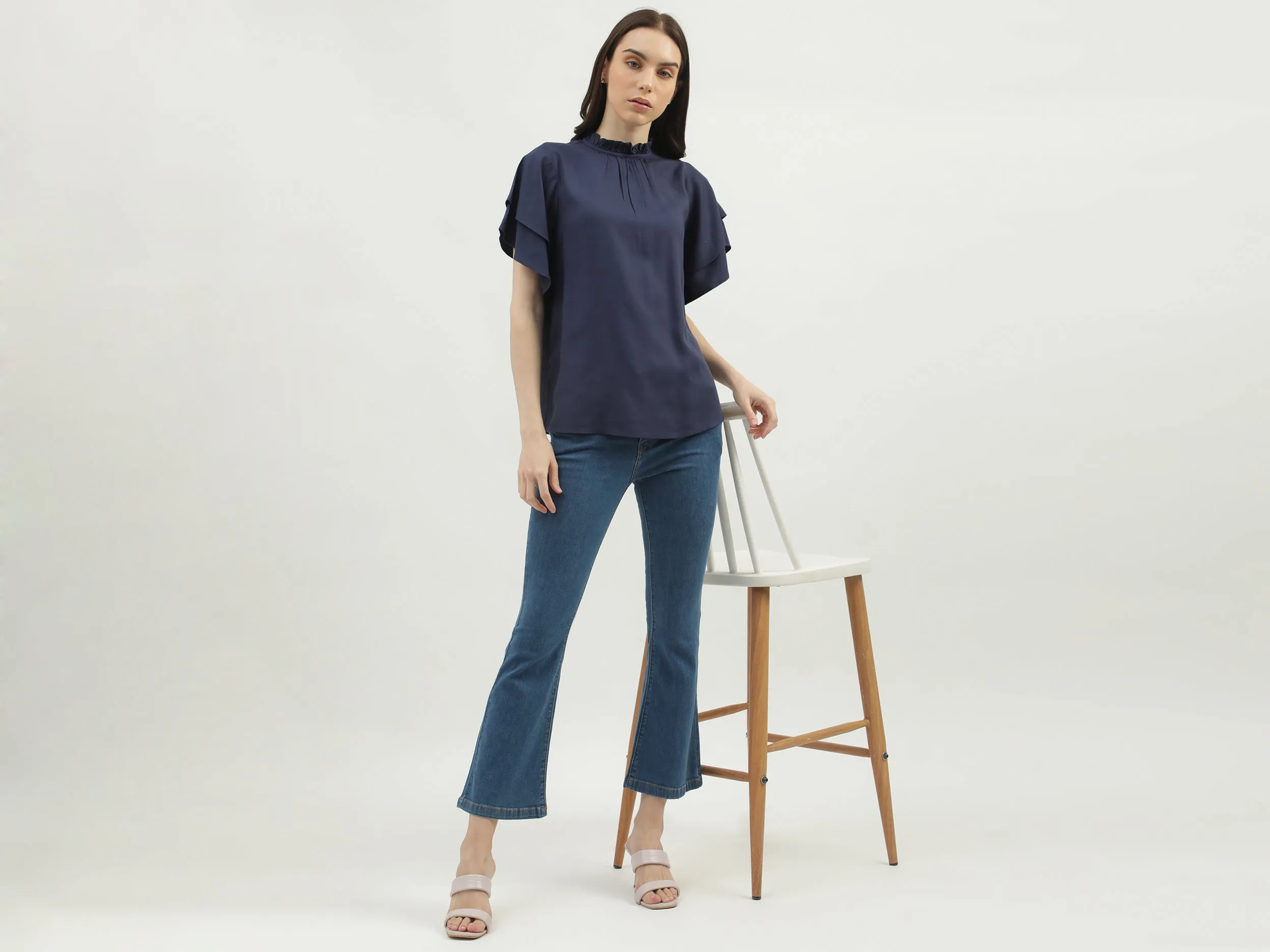 Women's Regular Fit Ruffled Neck Solid Tops