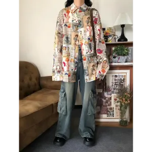 Y2K Retro Cartoon Print Oversized Shirt for Casual Style