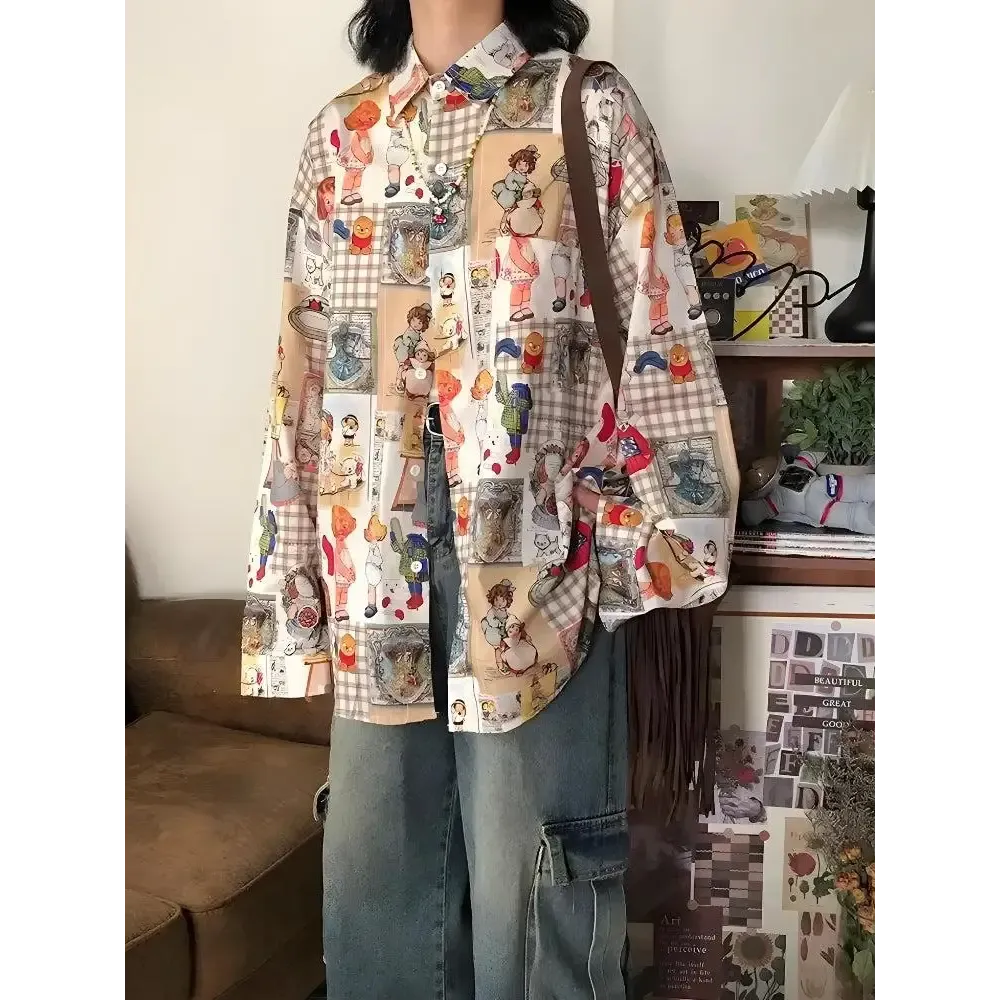 Y2K Retro Cartoon Print Oversized Shirt for Casual Style