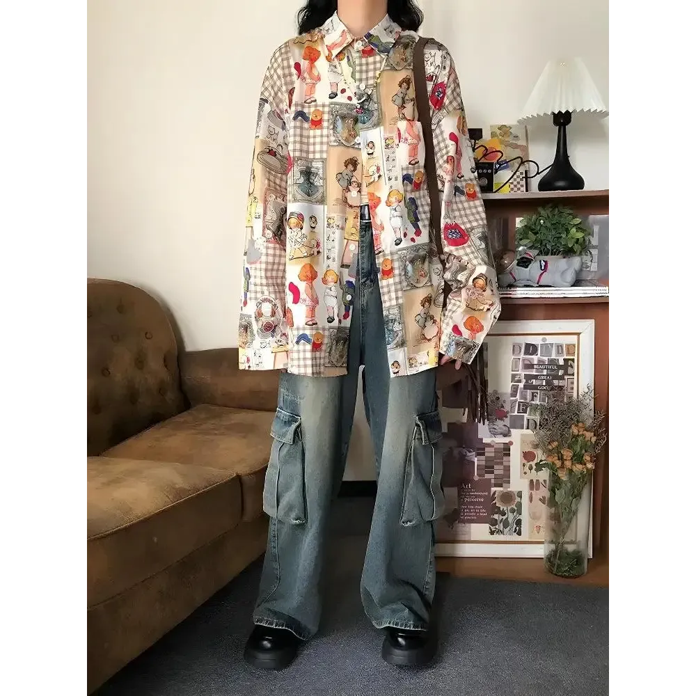 Y2K Retro Cartoon Print Oversized Shirt for Casual Style