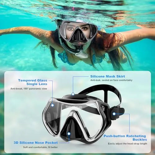 ZIPOUTE PRO Snorkeling Gear for Adults, Snorkel Mask Adult Snorkel Set, Anti-Fog Scuba Diving Mask Panoramic View Scuba Gear, Tempered Glass Snorkel Goggles Swim Masks for Adults
